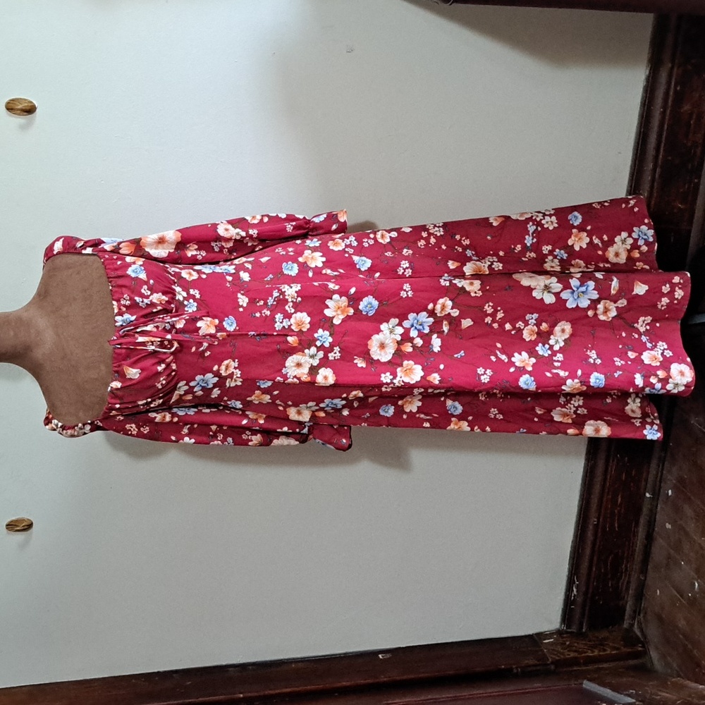Multicolor Floral Red Dress with Puff Sleeves Size Sm BOHO Drawstring Front Slit